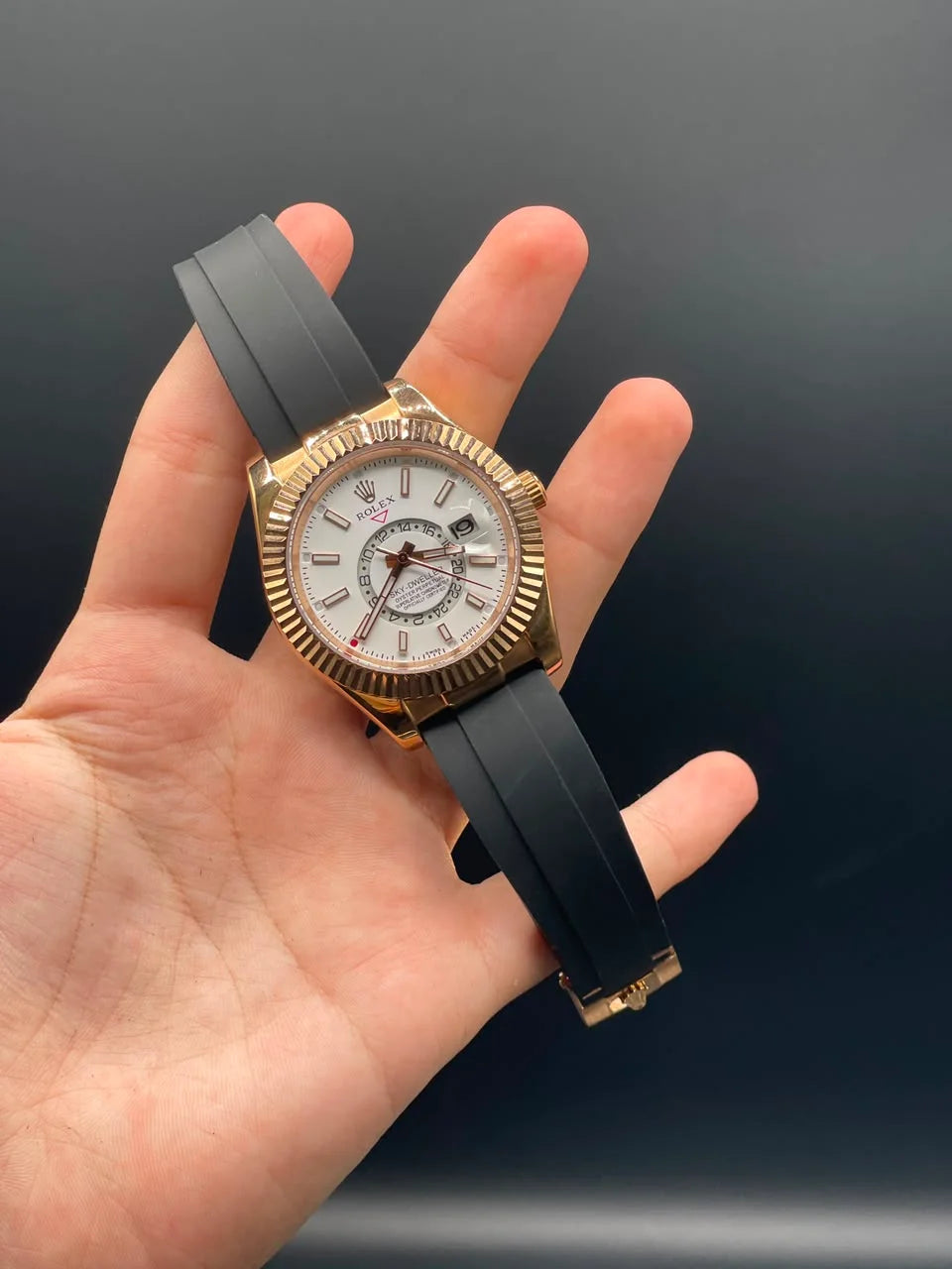 RLX Black Oysterflex Band With White And Rose Gold Dial Sky-Dweller Style Automatic Watch