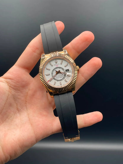 RLX Black Oysterflex Band With White And Rose Gold Dial Sky-Dweller Style Automatic Watch