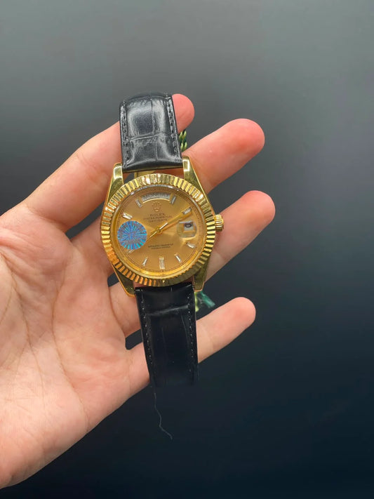 RLX Black Leather Strap With Golden Day-Date Dial Automatic Watch