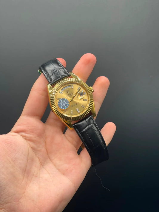 RLX Black Leather Strap With Golden Day-Date Dial Automatic Watch