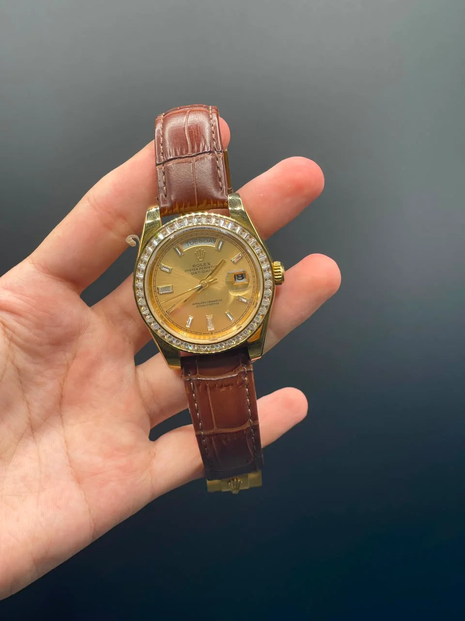 RLX Brown Leather Strap With Golden Dial And Diamond Bezel Day-Date Automatic Watch