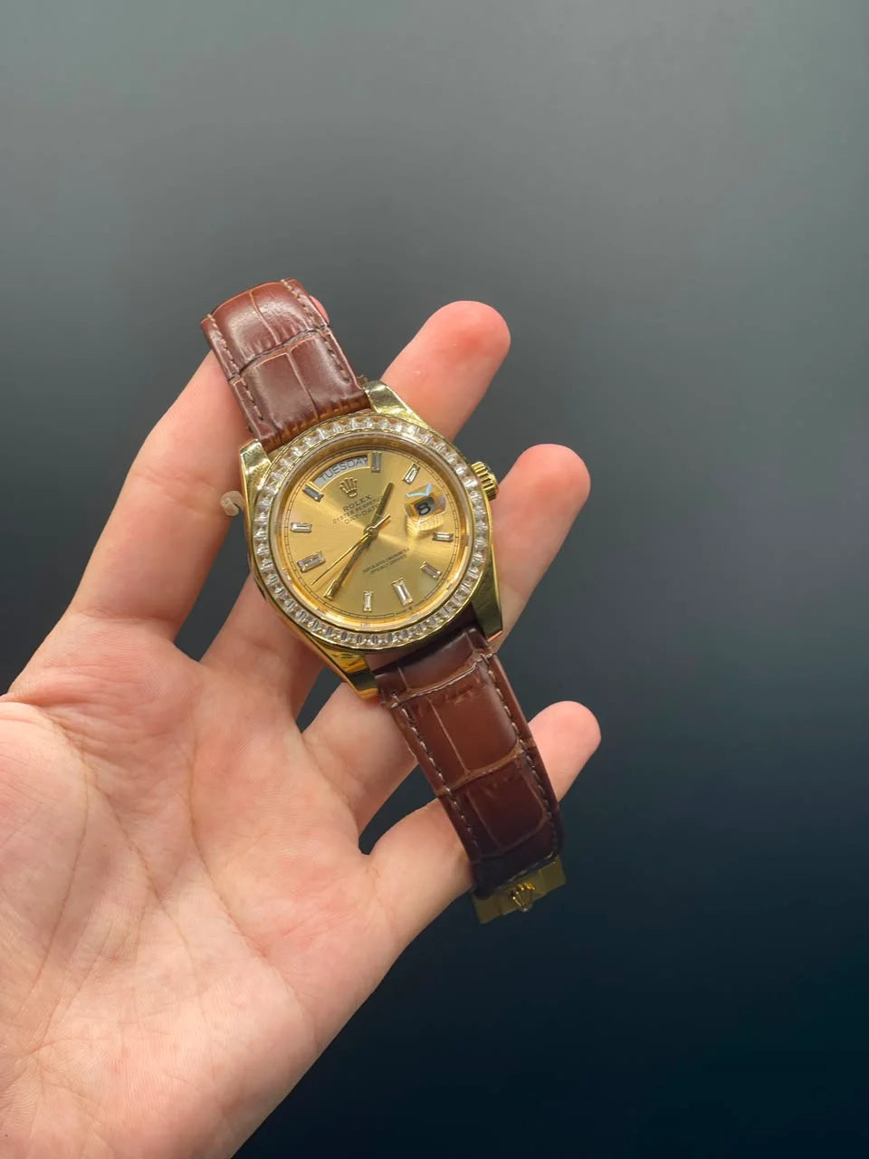 RLX Brown Leather Strap With Golden Dial And Diamond Bezel Day-Date Automatic Watch