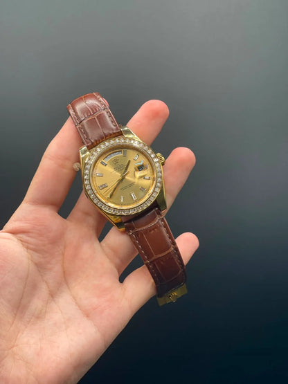 RLX Brown Leather Strap With Golden Dial And Diamond Bezel Day-Date Automatic Watch