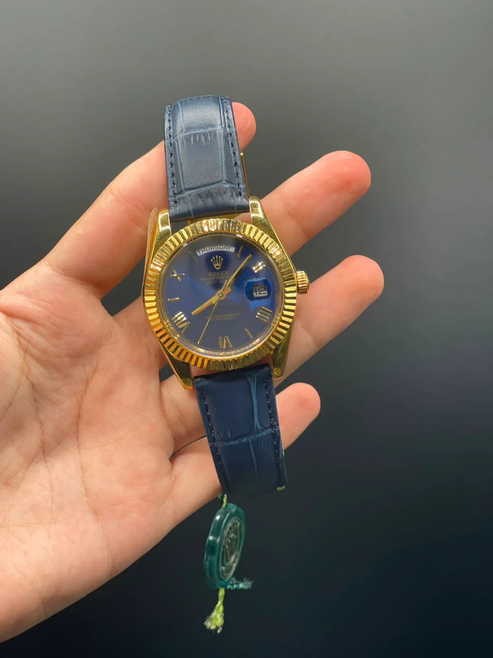RLX Blue Leather Strap With Blue Dial And Golden Bezel Day-Date Automatic Watch