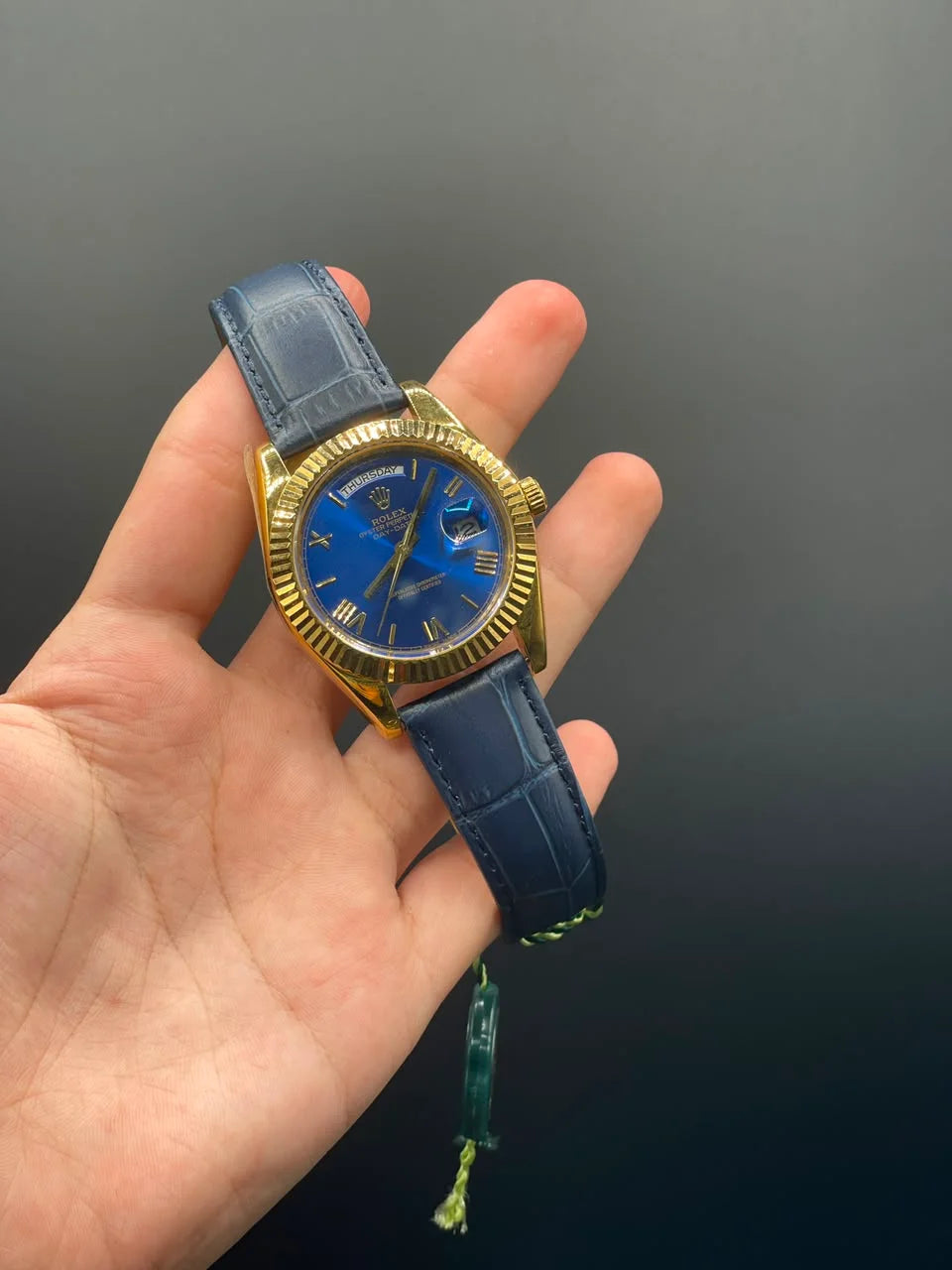 RLX Blue Leather Strap With Blue Dial And Golden Bezel Day-Date Automatic Watch