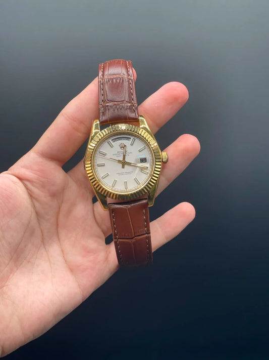 RLX Brown Leather Strap With White Dial And Golden Bezel Day-Date Automatic Watch