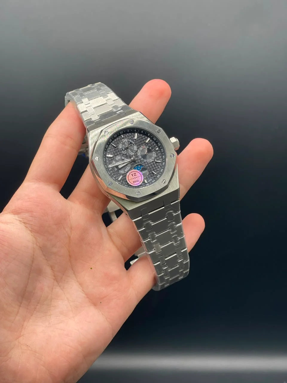 AP Silver Chain With Black Dial Perpetual Calendar Automatic Watch