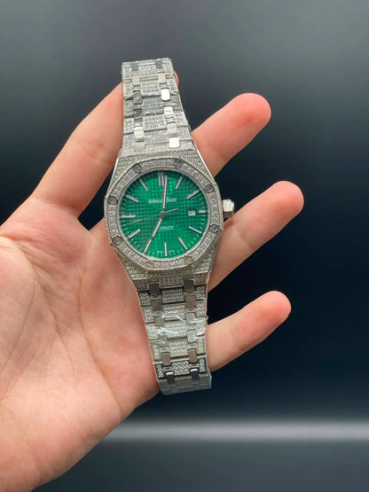 AP Silver Diamond Chain With Green Dial And Diamond Bezel Automatic Watch