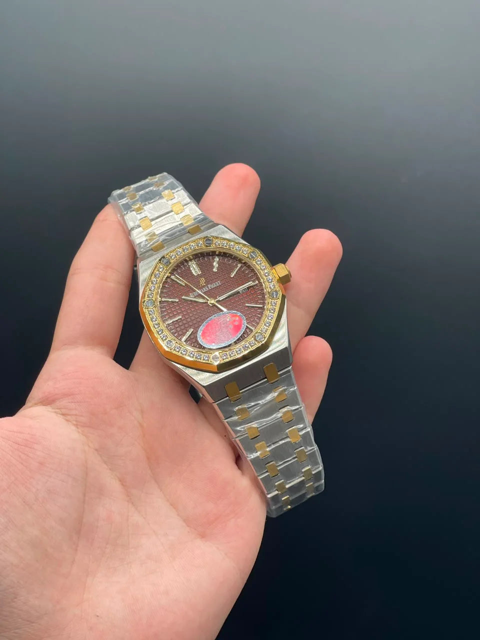 AP Two Tone Chain With Red Dial And Diamond Bezel Automatic Watch