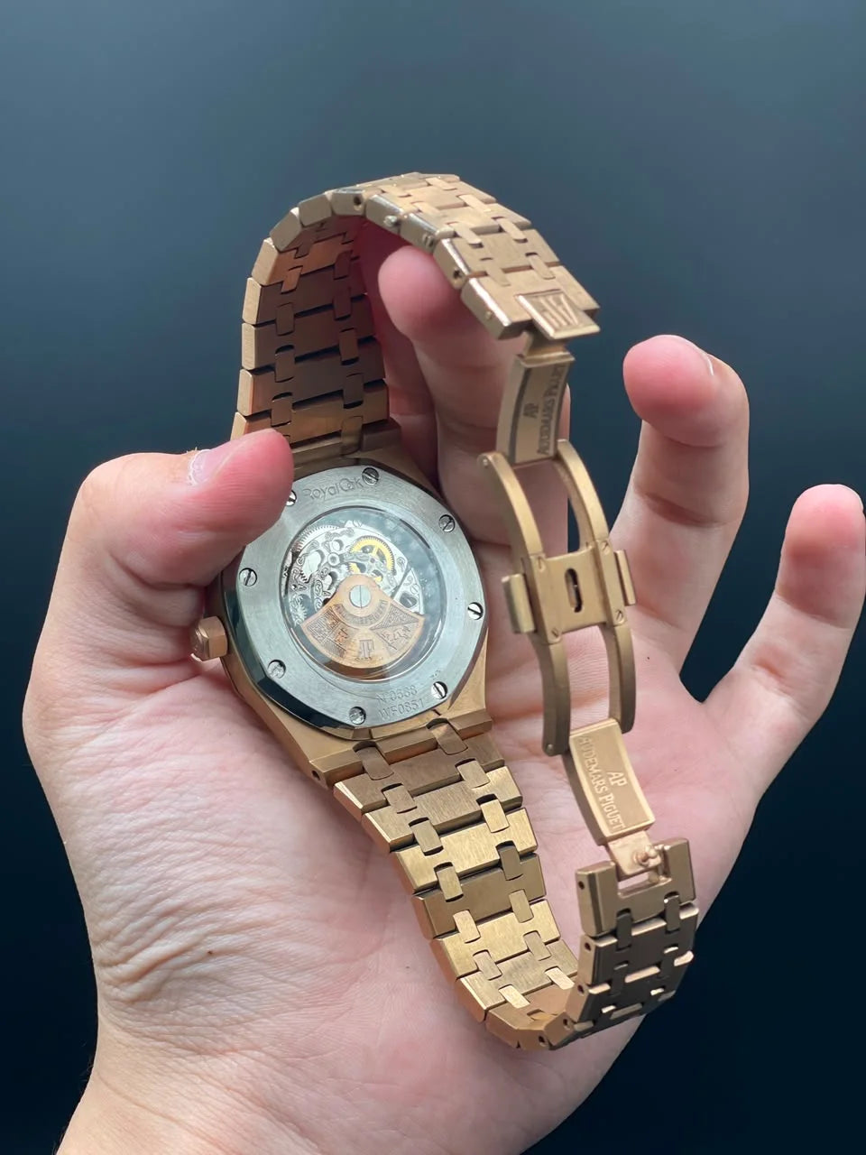 AP Rose Gold Chain With Gray Skeleton Dial And Diamond Bezel Automatic Watch