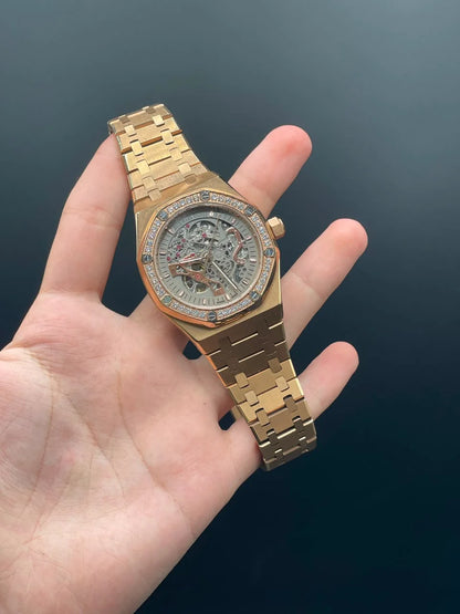 AP Rose Gold Chain With Gray Skeleton Dial And Diamond Bezel Automatic Watch