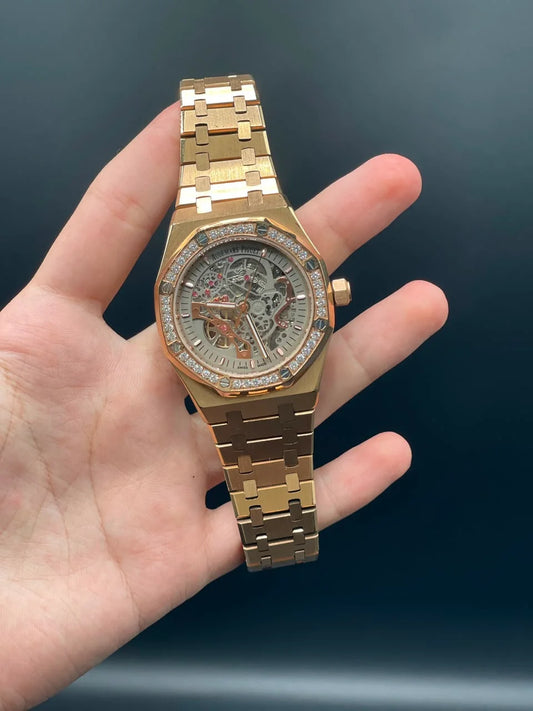 AP Rose Gold Chain With Gray Skeleton Dial And Diamond Bezel Automatic Watch