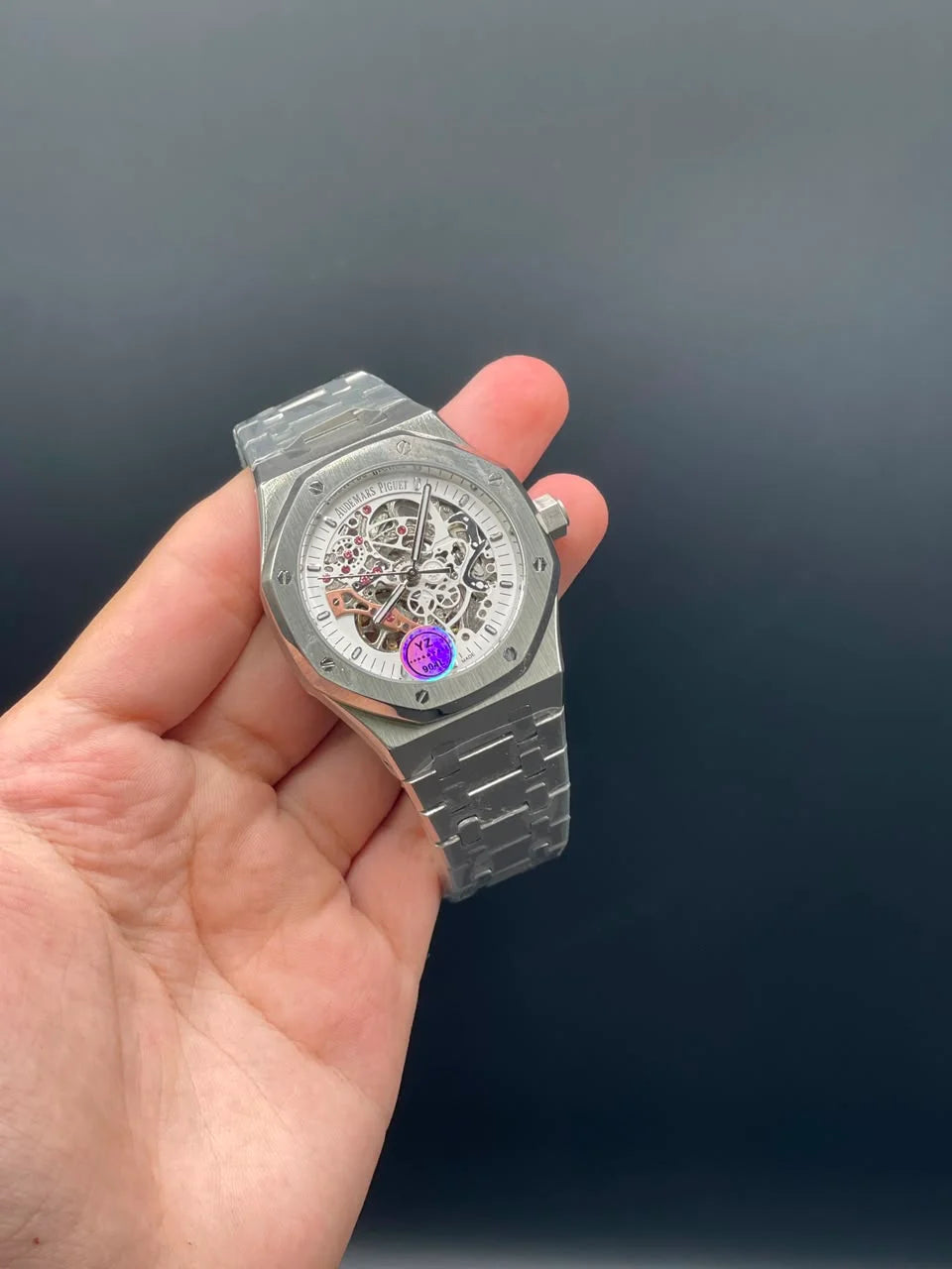 AP Silver Chain With White Skeleton Dial Automatic Watch