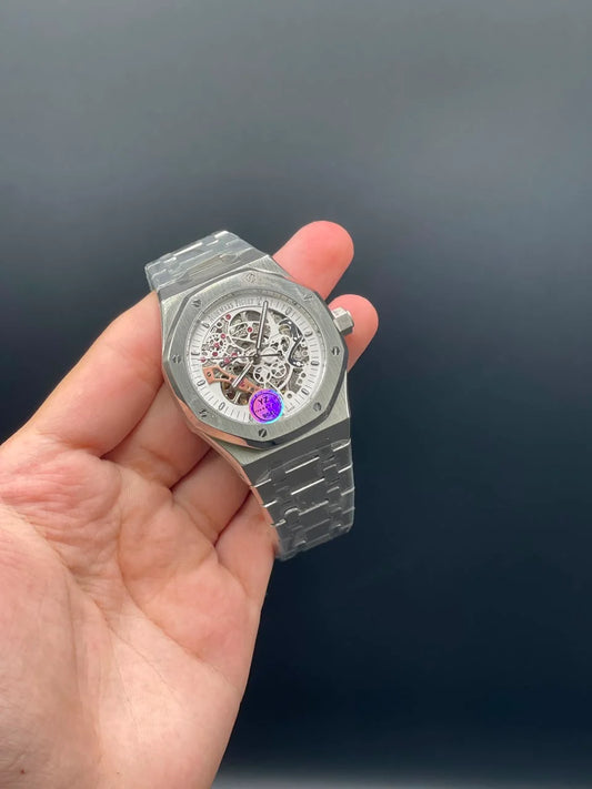 AP Silver Chain With White Skeleton Dial Automatic Watch