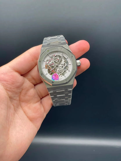 AP Silver Chain With White Skeleton Dial Automatic Watch