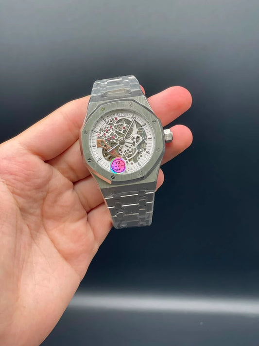 AP Silver Chain With White Skeleton Dial Automatic Watch