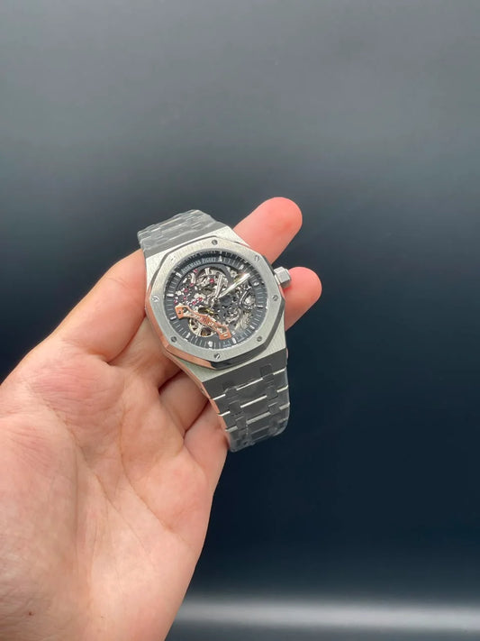 AP Silver Chain With Black Skeleton Dial Automatic Watch