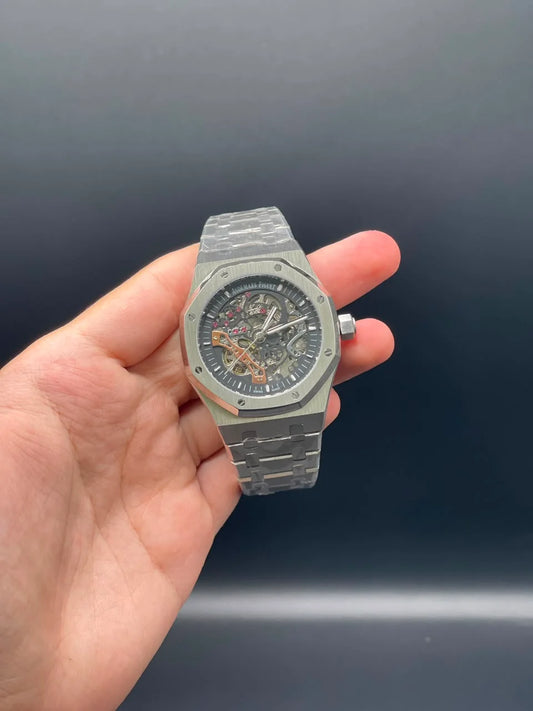AP Silver Chain With Black Skeleton Dial Automatic Watch