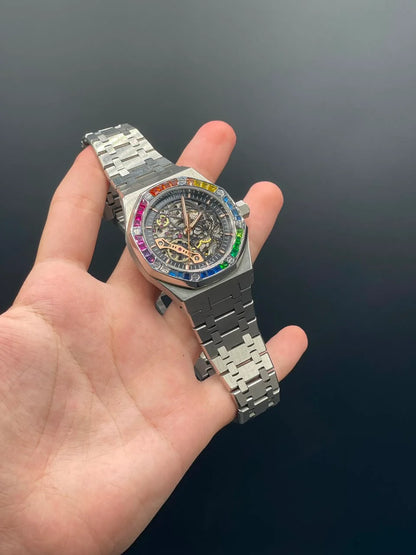 AP Silver Chain With Black Skeleton Dial And Rainbow Bezel Automatic Watch