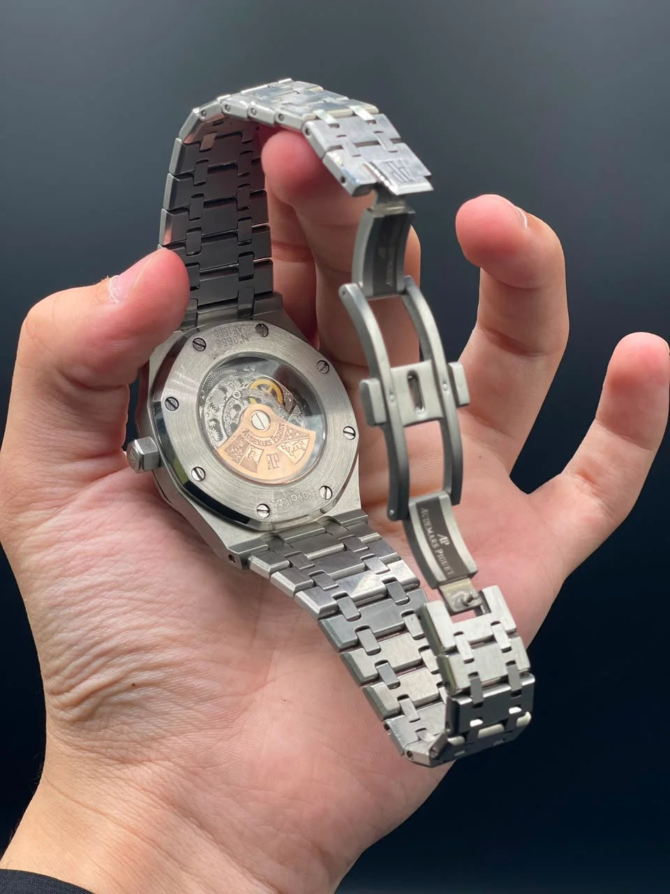 AP Silver Chain With Black Skeleton Dial And Rainbow Bezel Automatic Watch