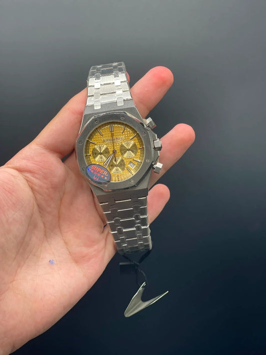 AP Silver Chain With Yellow Chronograph Dial Quartz Watch