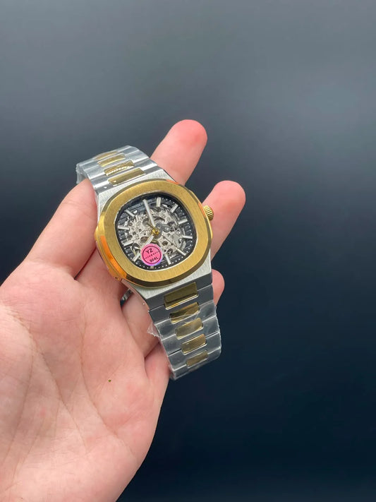PP Two Tone Chain With Black Skeleton Dial Automatic Watch