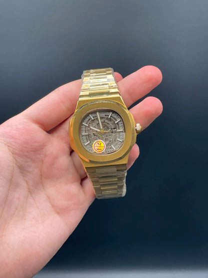 PP Golden Chain With Gray Skeleton Dial Automatic Watch