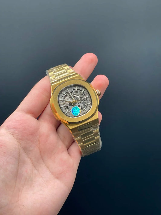 PP Golden Chain With Gray Skeleton Dial Automatic Watch