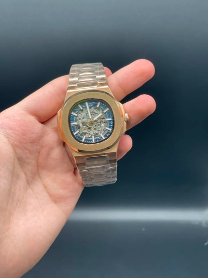PP Rose Gold Chain With Blue Skeleton Dial Automatic Watch