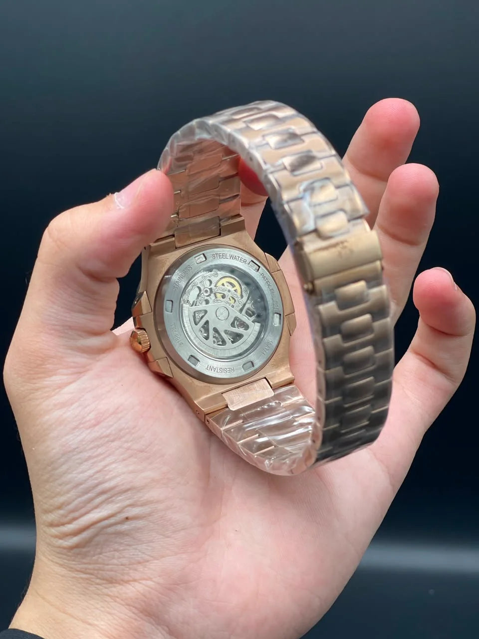 PP Rose Gold Chain With Blue Skeleton Dial Automatic Watch