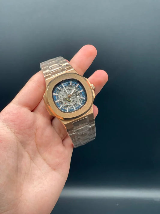 PP Rose Gold Chain With Blue Skeleton Dial Automatic Watch