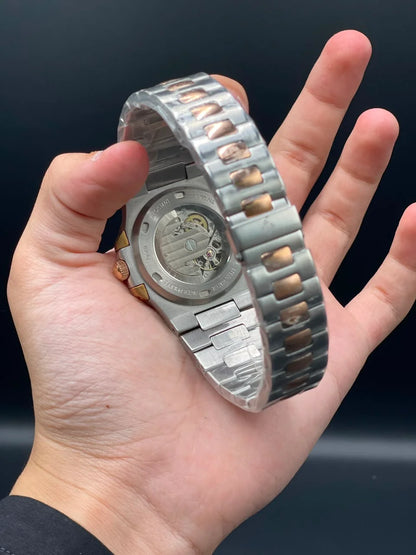 PP Rose Gold And Silver Chain With Red Skeleton Dial Automatic Watch