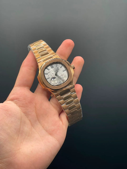 PP Rose Gold Chain With White Power Reserve Dial Automatic Watch