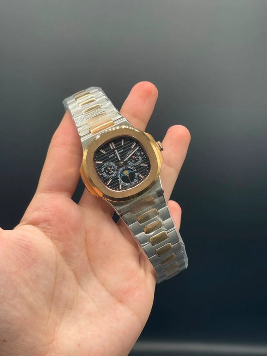 PP Two Tone Chain With Black Moon Phase Dial Automatic Watch