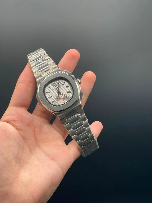 PP Silver Chain With White Chronograph Dial Automatic Watch