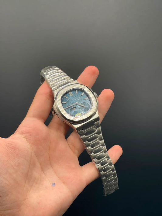 PP Silver Chain With Blue Power Reserve Dial Mechanical Watch