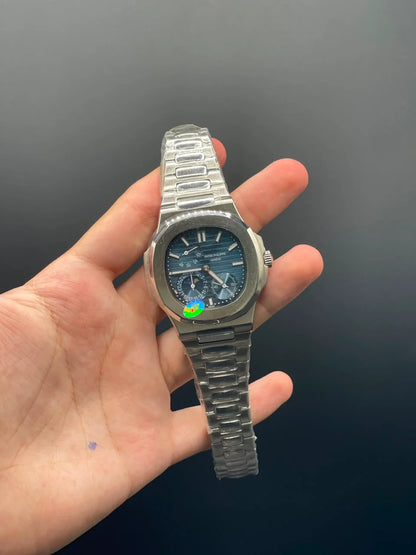 PP Silver Chain With Blue Power Reserve Dial Mechanical Watch