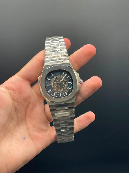 PP Silver Chain With Blue Skeleton Dial Automatic Watch