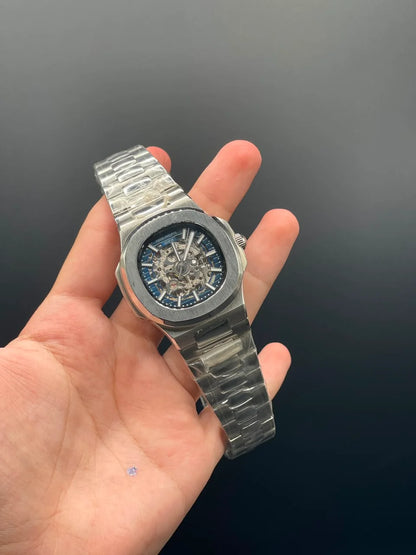 PP Silver Chain With Blue Skeleton Dial Automatic Watch