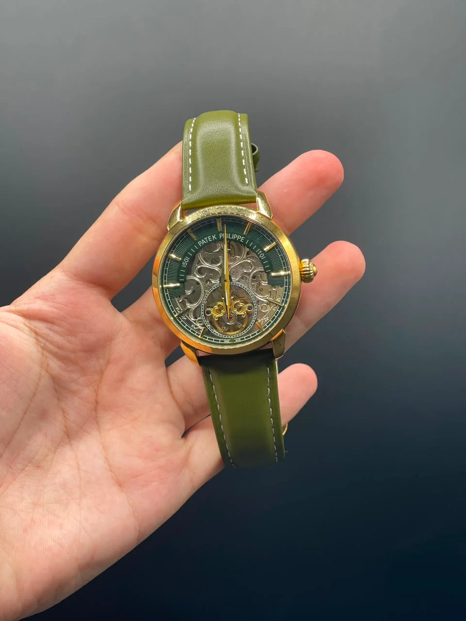 PP Olive Green Strap With Green Skeleton Dial Automatic Watch