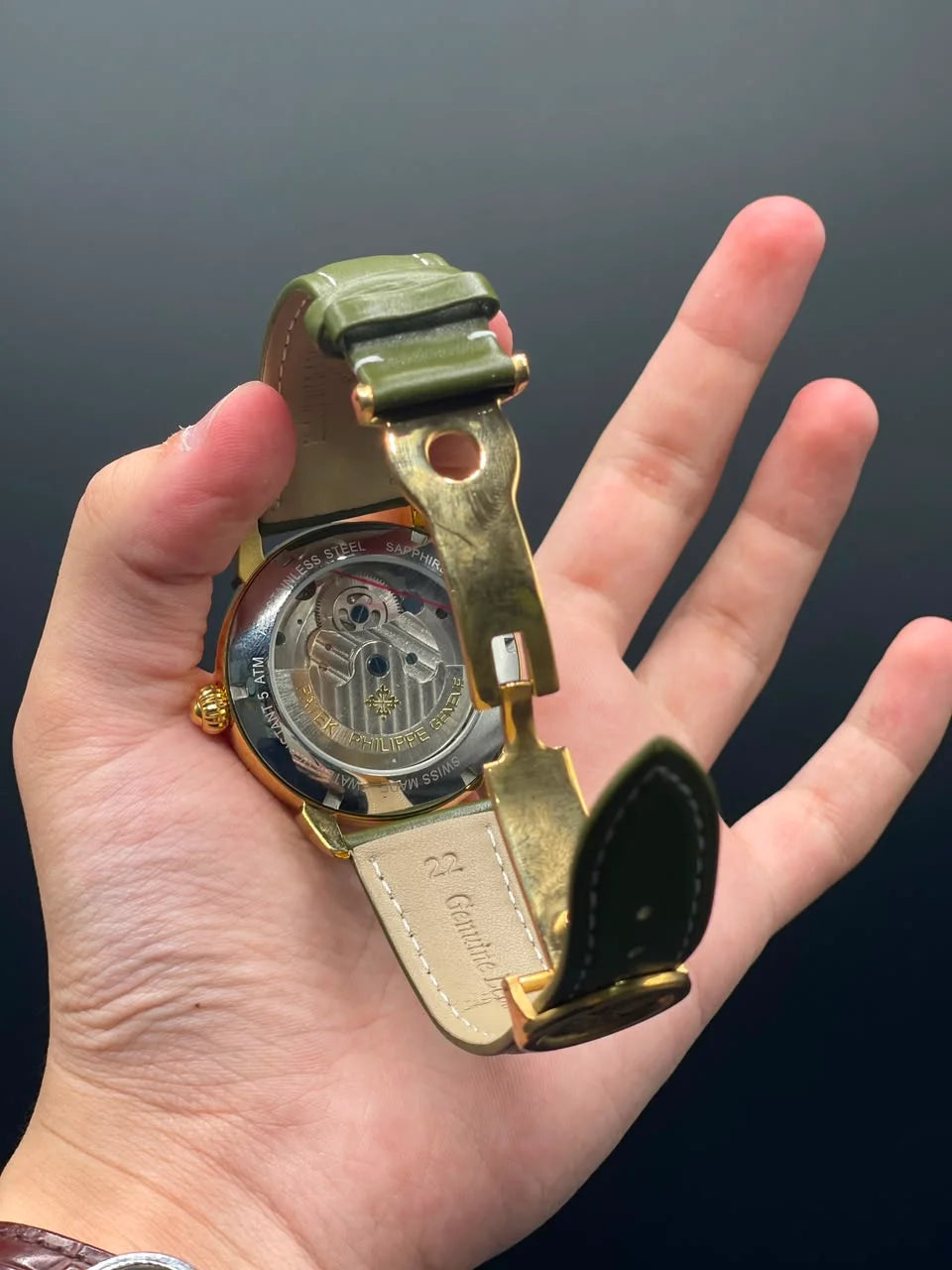 PP Olive Green Strap With Green Skeleton Dial Automatic Watch