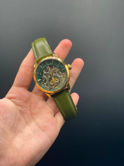 PP Olive Green Strap With Green Skeleton Dial Automatic Watch
