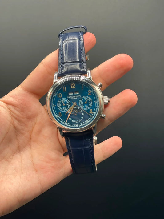 PP Blue Strap With Blue Chronograph Dial And Silver Bezel Automatic Watch