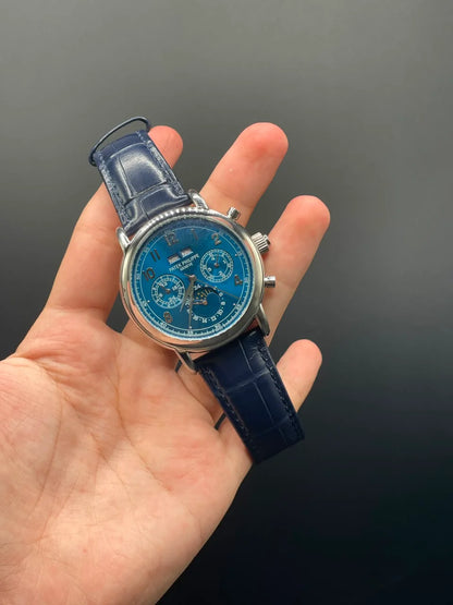 PP Blue Strap With Blue Chronograph Dial And Silver Bezel Automatic Watch