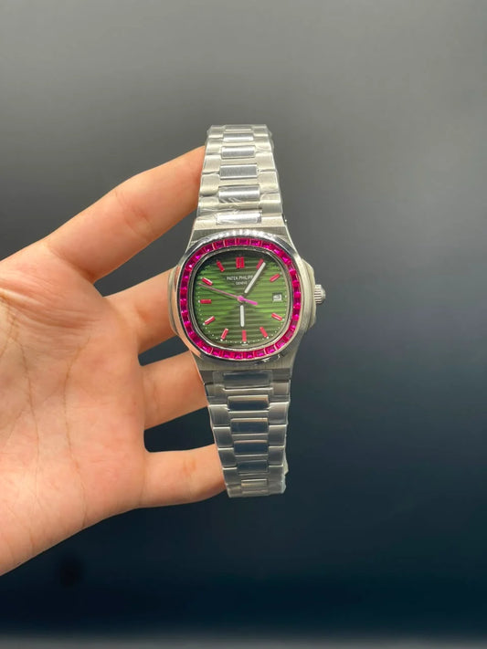 PP Silver Chain With Green Dial And Ruby Bezel Automatic Watch