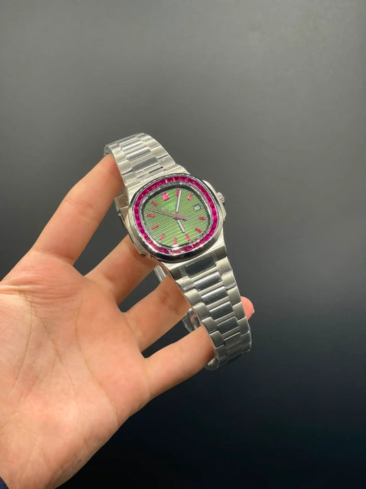 PP Silver Chain With Green Dial And Ruby Bezel Automatic Watch