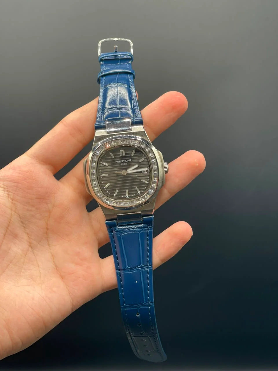 PP Blue Strap With Gray Dial And Diamond Bezel Automatic Watch