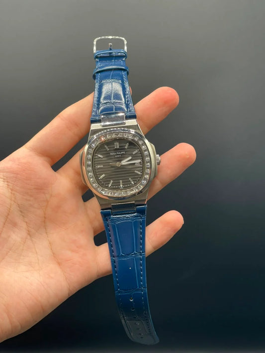 PP Blue Strap With Gray Dial And Diamond Bezel Automatic Watch