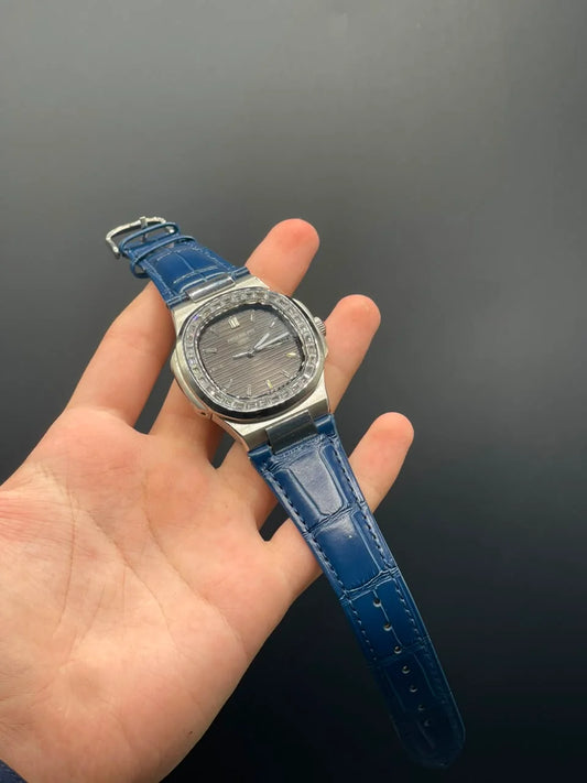 PP Blue Strap With Gray Dial And Diamond Bezel Automatic Watch