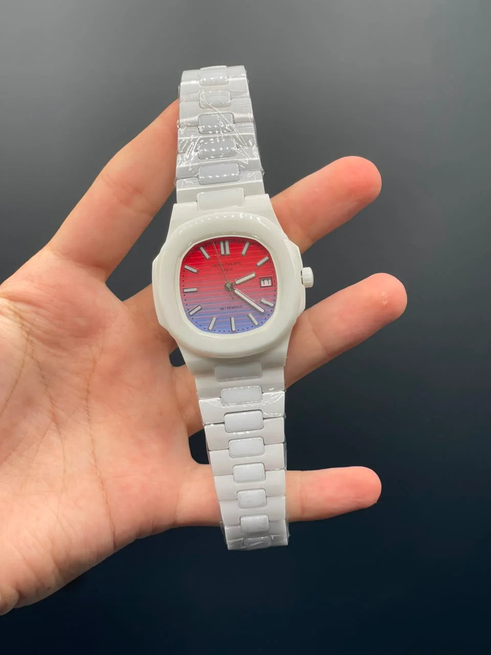 PP White Ceramic Chain With Pink And Red Dial Quartz Watch